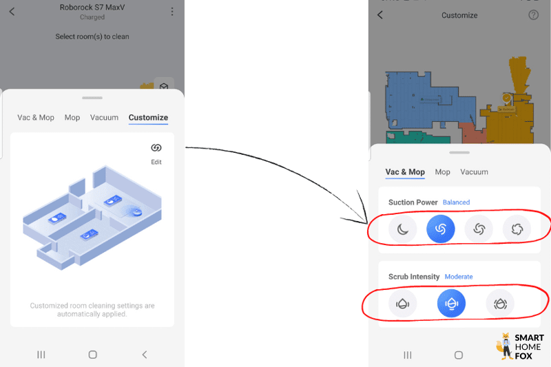 Saugkraft bzw. Wasserabgabemenge wird in der Roborock App für jeden Raum einzeln festgelegt
